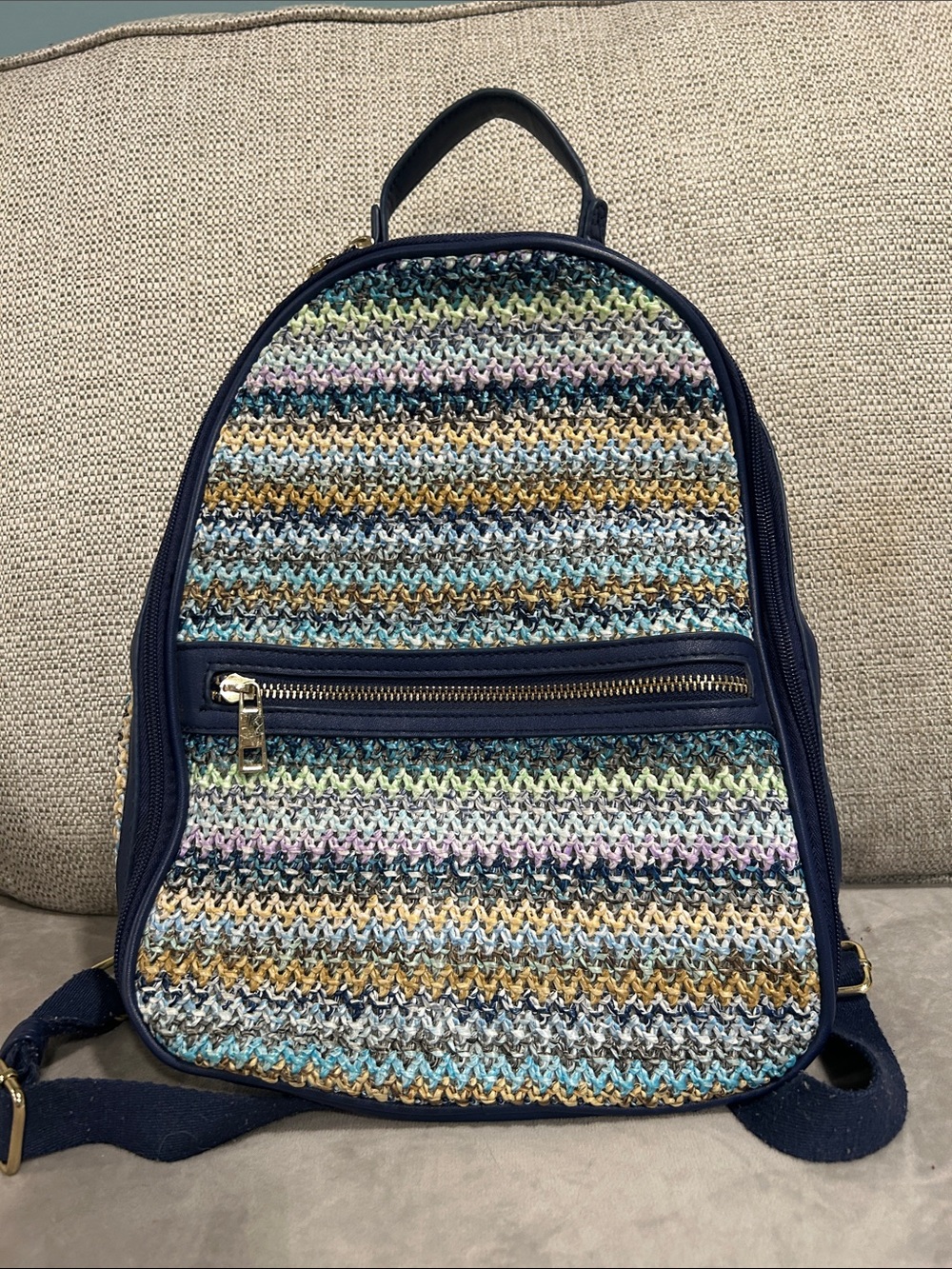 Tommy Bahama Multicolor Striped Woven Mini Backpack with Navy Trim